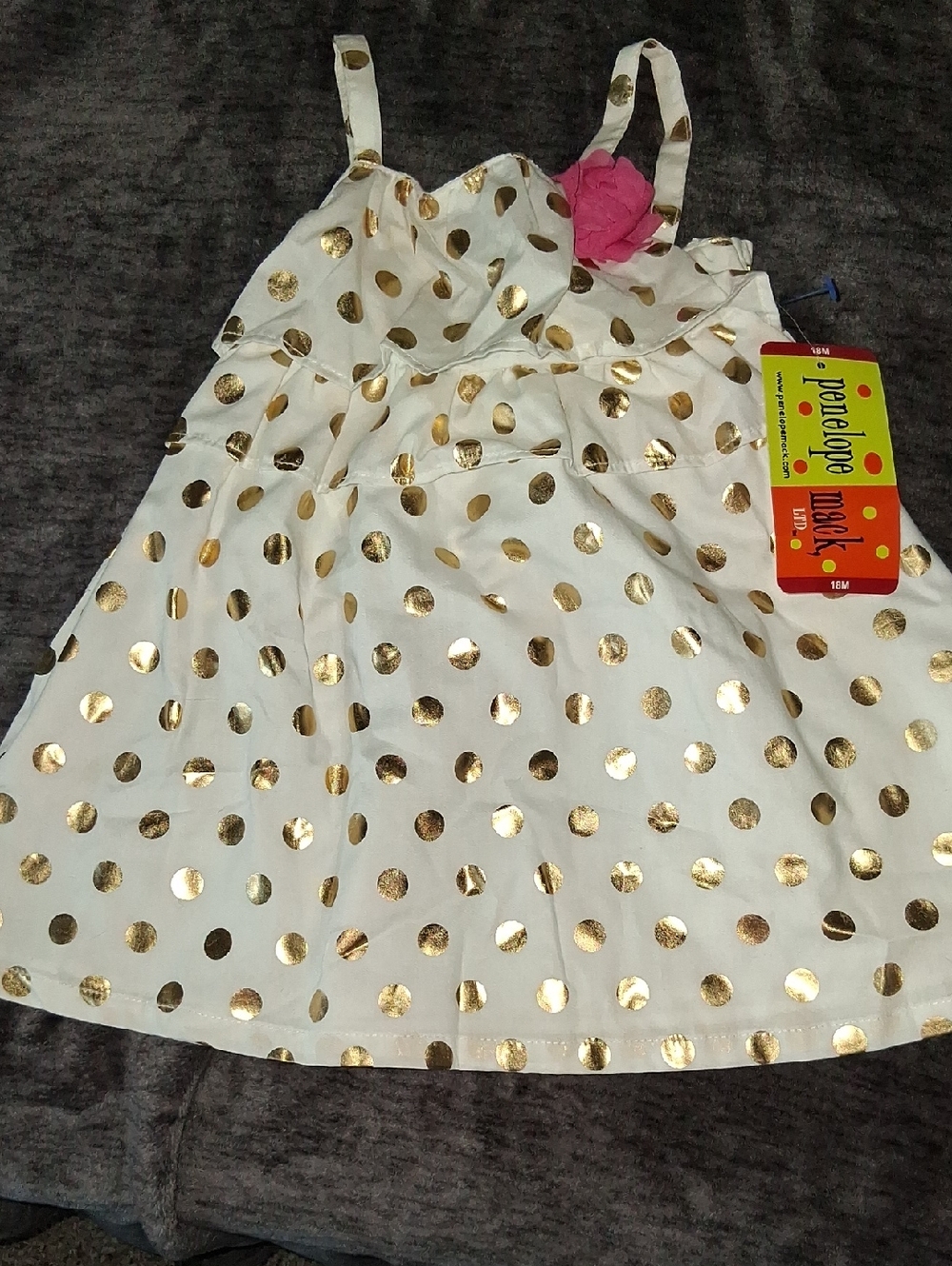 Penelope Mack White Sundress with Gold Polka Dots and Pink Flower